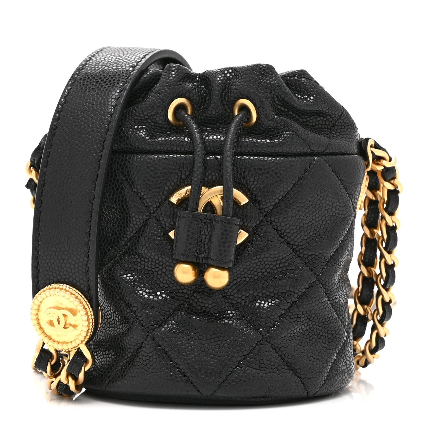 Chanel Caviar Quilted Twist Your Buttons Mini Bucket Bag Black
