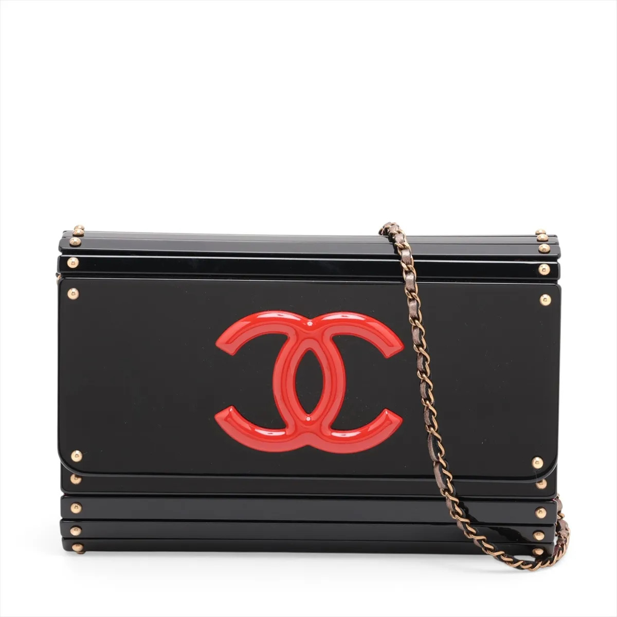 Chanel Coco Mark Plexiglass x leather Chain Shoulder Bag Black x red Gold Metal