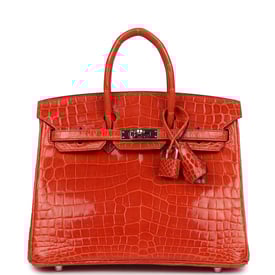Hermes Pre-owned Hermes Birkin 25 Orange Poppy Shiny Niloticus Crocodile Palladium Hardware