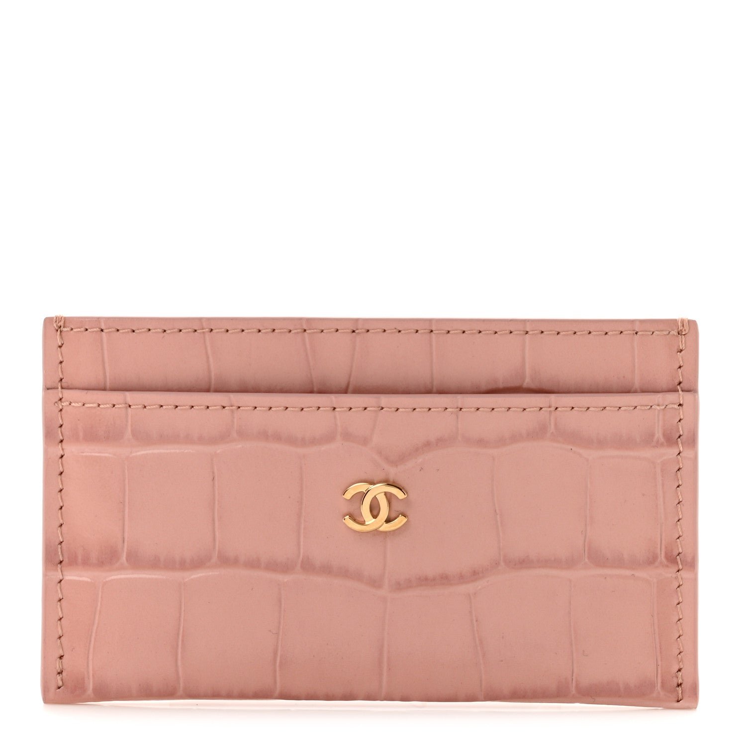 Chanel Calfskin Crocodile Embossed Crococo Card Holder Light Pink