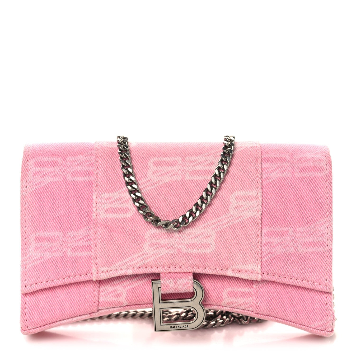 Balenciaga Denim XS Hourglass Wallet On Chain Pink