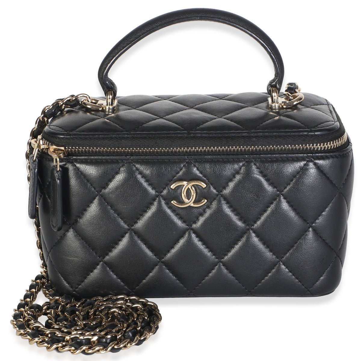 Black Quilted Lambskin Small Top Handle Vanity Case With Chain