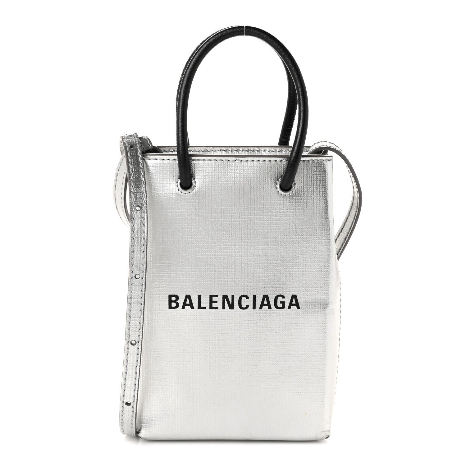 Balenciaga Metallic Textured Calfskin Logo Shopping Phone Holder Bag Silver