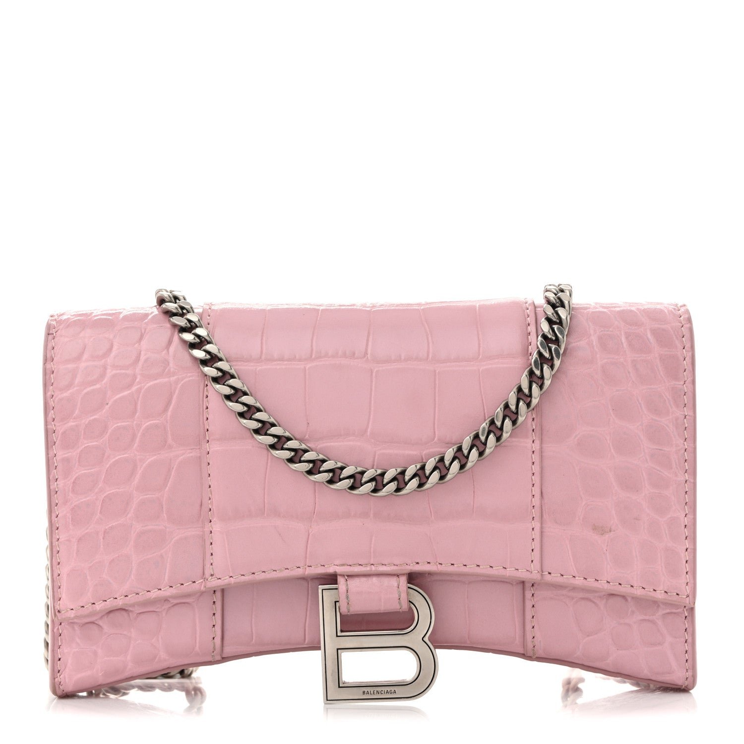 Balenciaga Shiny Calfskin Crocodile Embossed Hourglass Chain Bag Powder Pink