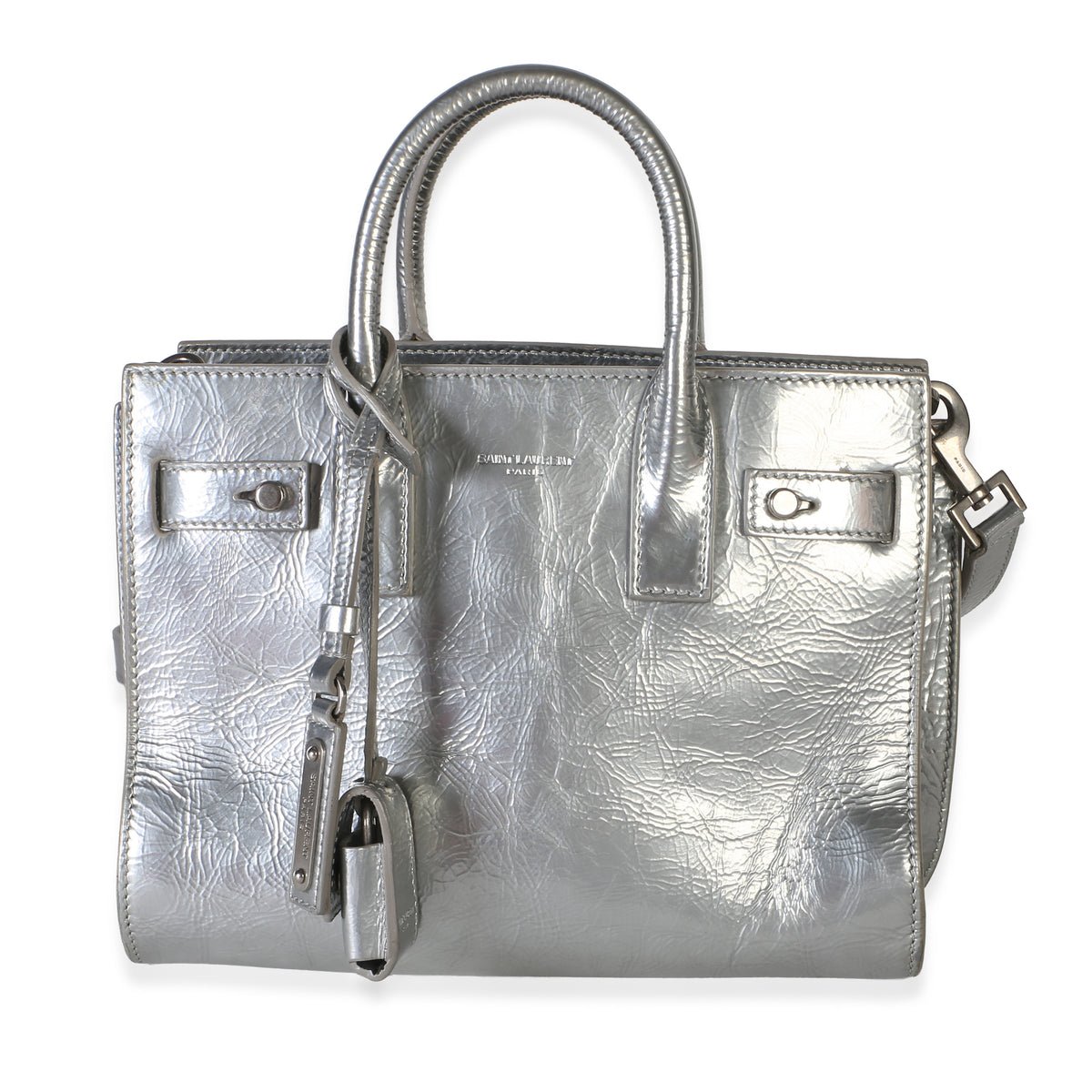 Silver Metallic Crinkled Calfskin Nano Supple Sac De Jour