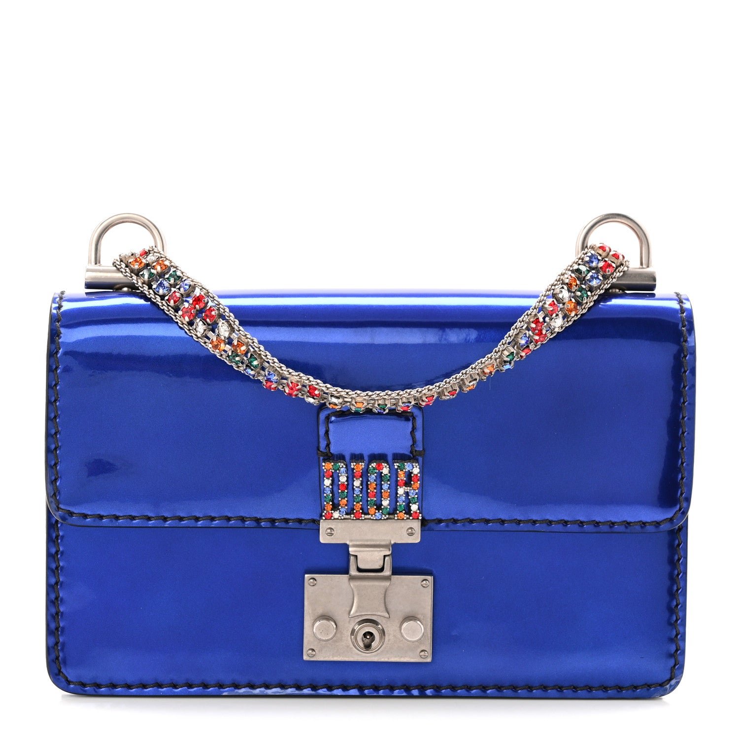 Christian Dior Metallic Patent Crystal Dioraddict Flap Bag Blue