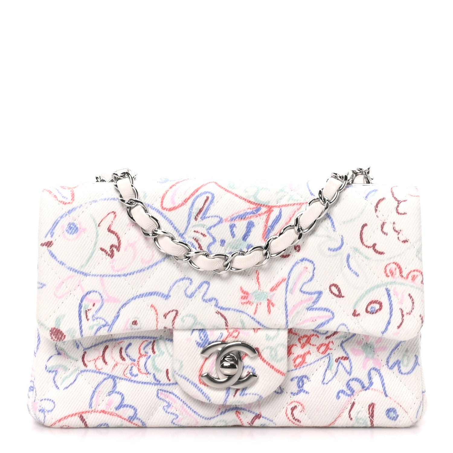 Chanel Denim Printed Fish Quilted Mini Rectangular Flap White Multicolor