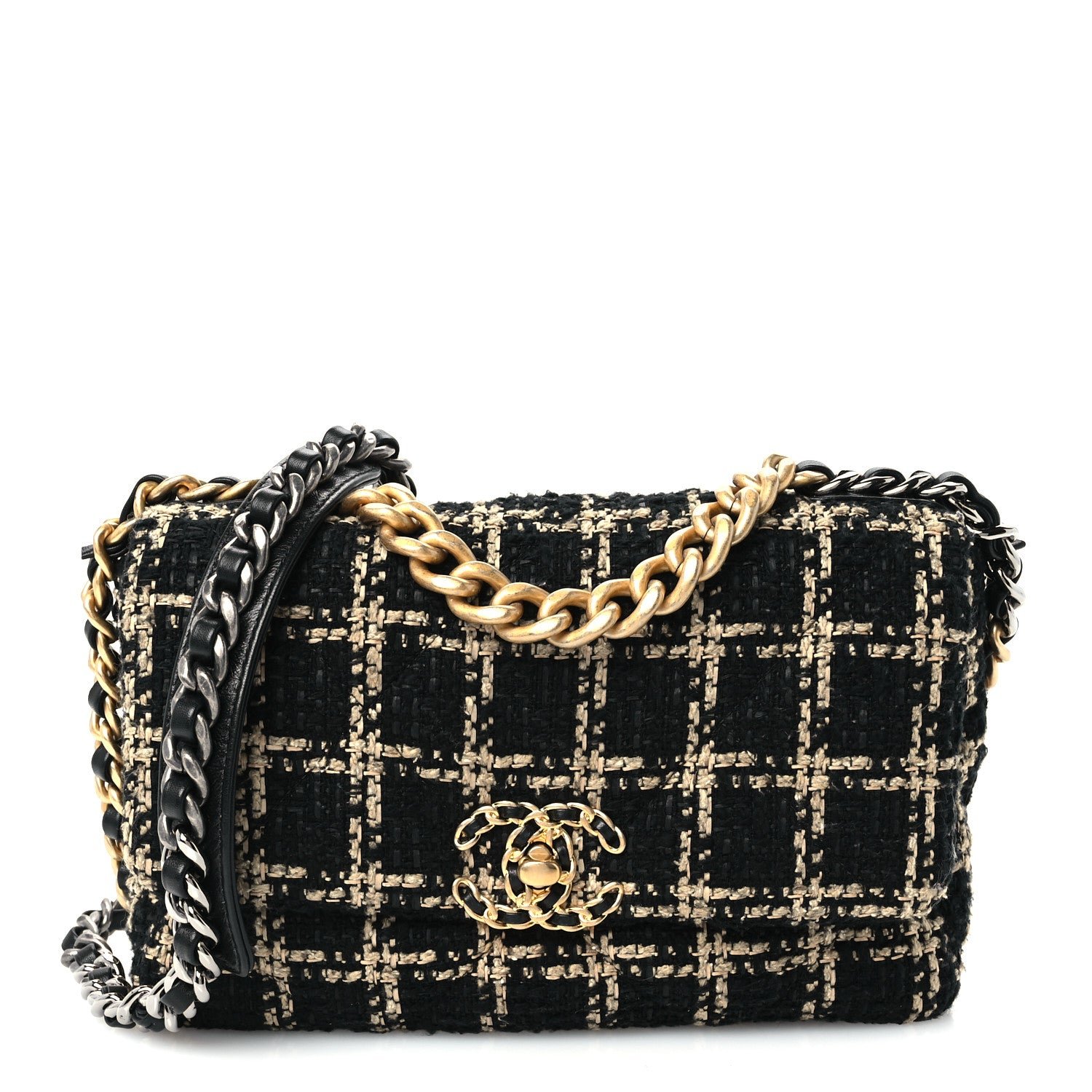 Chanel Tweed Quilted Medium Chanel 19 Flap Black Beige