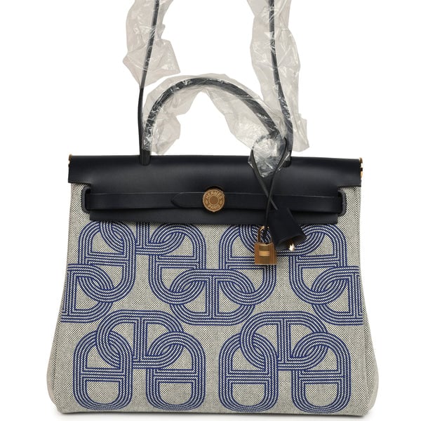 Hermes Herbag Zip PM 31 "Circuit 24" Bleu Royal, Ecru Toile H Canvas and Bleu Indigo Vache Hunter Leather Gold Hardware