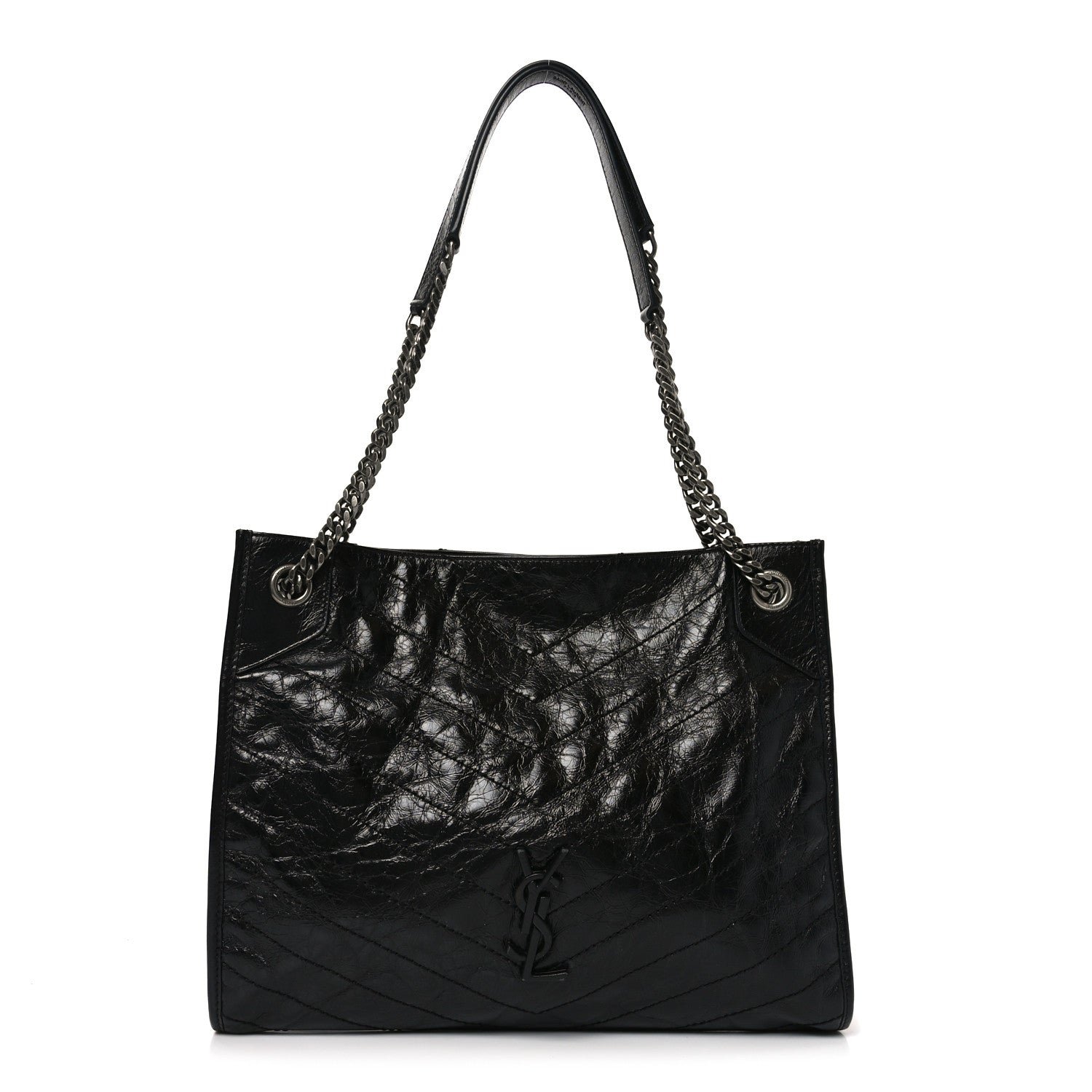 Saint Laurent Crinkled Calfskin Matelasse Monogram Medium Niki Shopper Tote Black