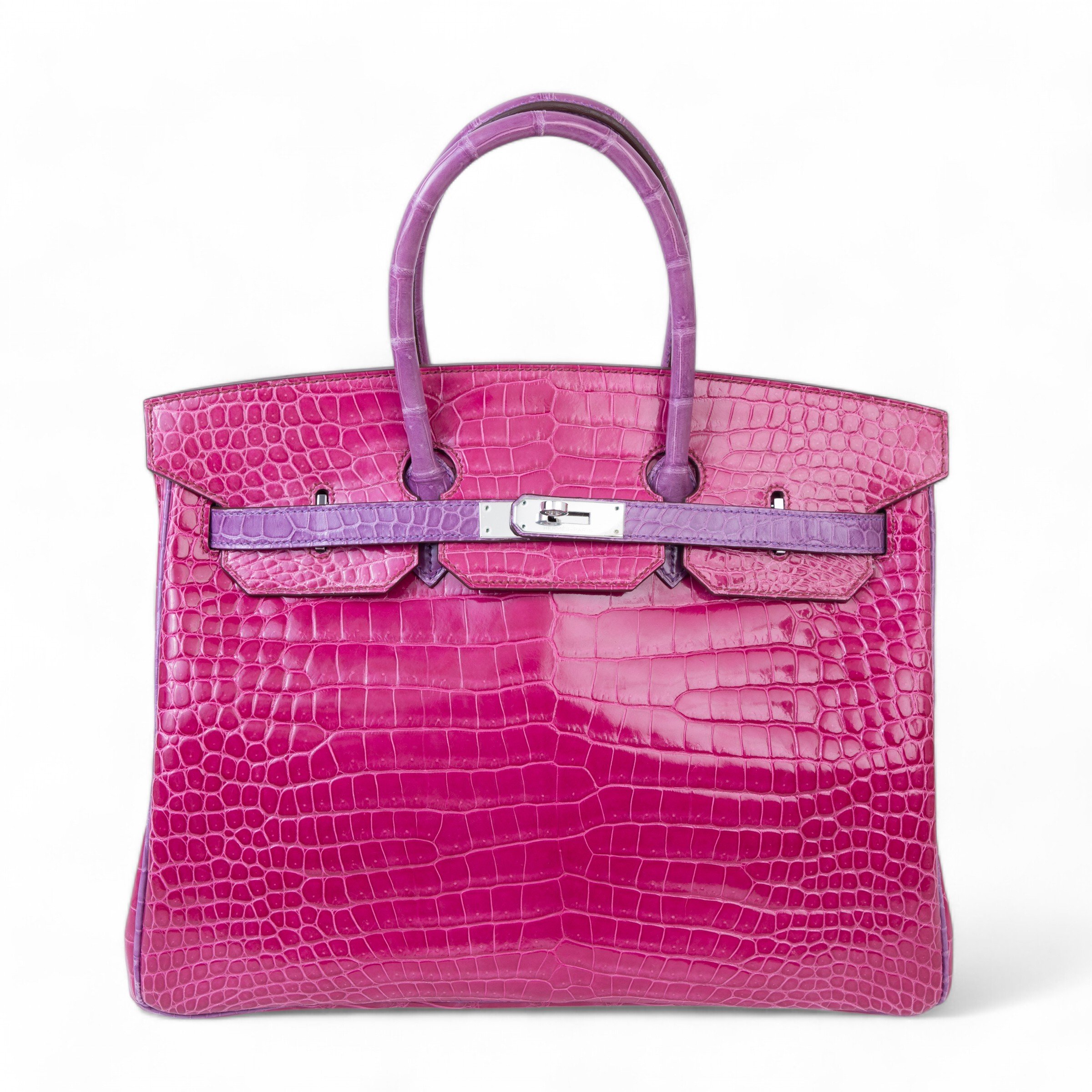 Hermes Very Good ( Rank A) HERMÈS Birkin 35 Cyclamen (5H) Rose Scheherazade (J5) Shiny Porosus Crocodile Palladium hardware Square R (2014)