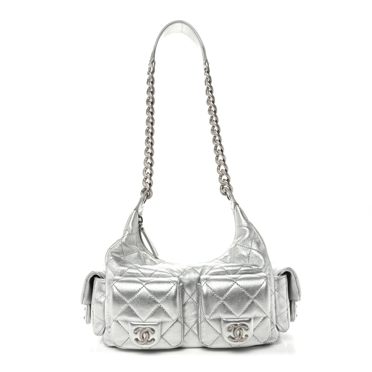 Chanel Metallic Lambskin Quilted Trendy Pockets Hobo Silver
