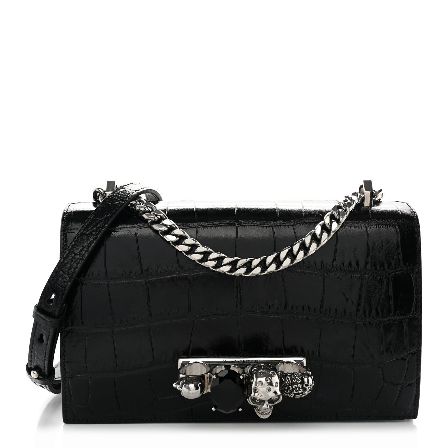 Alexander McQueen Shiny Calfskin Crocodile Embossed Knuckle Jeweled Crossbody Black