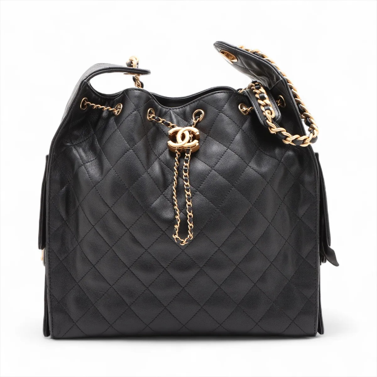 Chanel Chanel 25 Medium Caviar Skin Chain Shoulder Bag Black Gold Metal Fittings