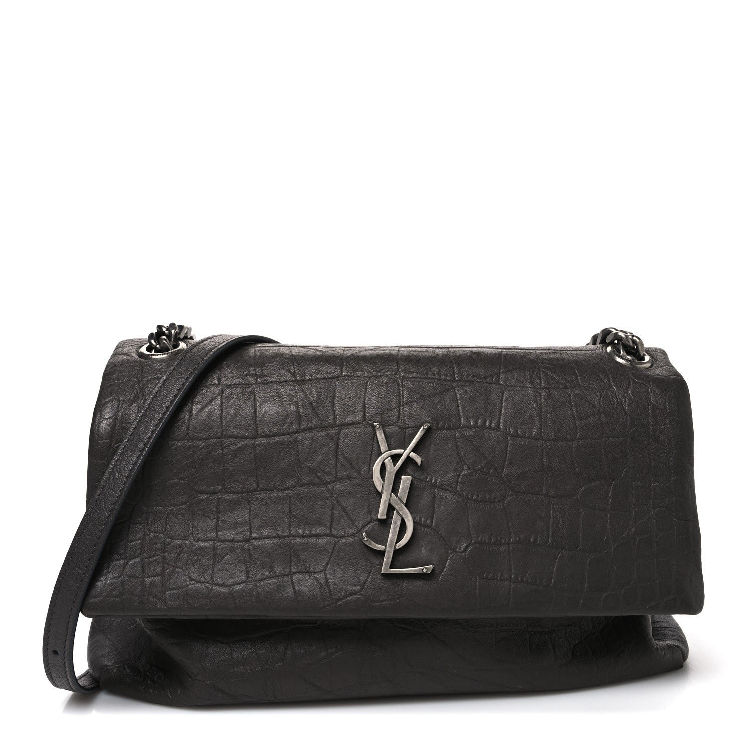 Saint Laurent Calfskin Crocodile Embossed West Hollywood Monogram Fold-Over Dark Brown