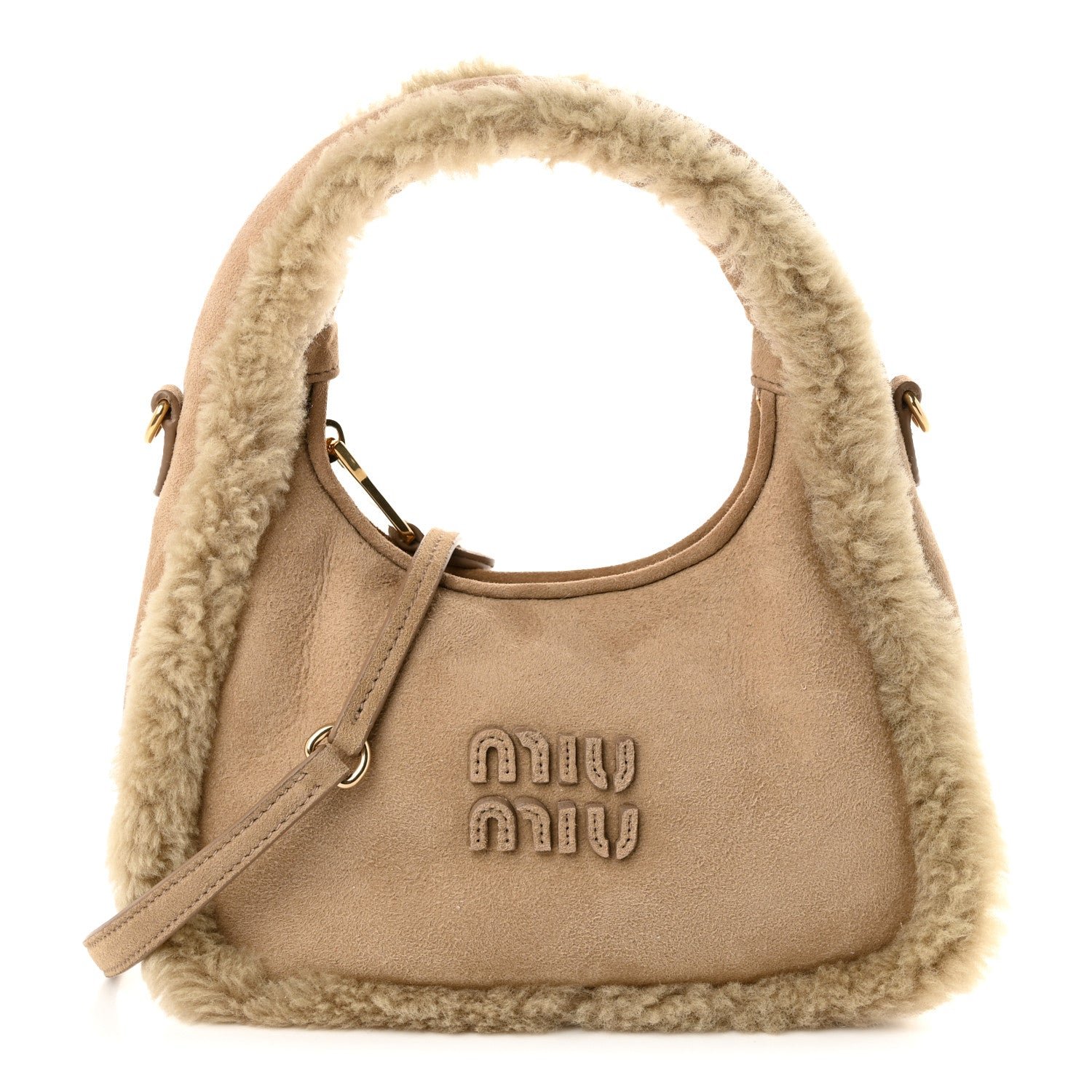 Miu Miu Suede Shearling Mini Wander Hobo Sabbia