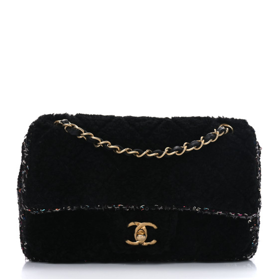 Chanel Shearling Sequin Tweed Quilted Single Flap Black