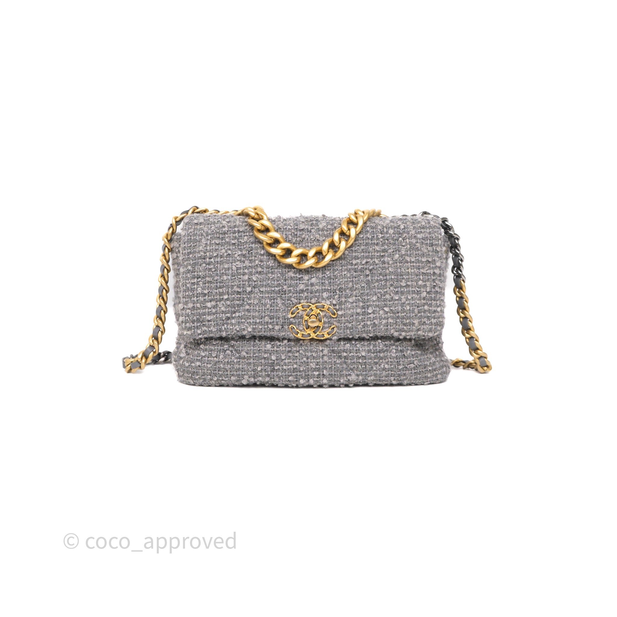 Chanel 19 Tweed Quilted Bag Grey Medium Aged Gold Hardware