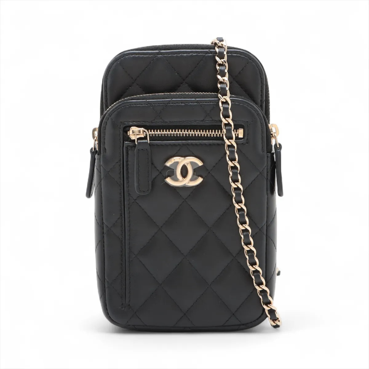 Chanel Matelasse Lambskin Sling backpack phone case Black Gold Metal Fittings ra