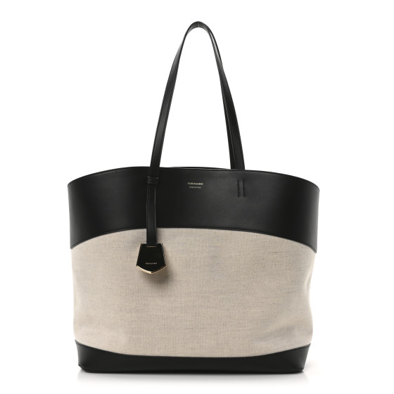 Salvatore Ferragamo Canvas Calfskin Medium Charming Tote Natural Black