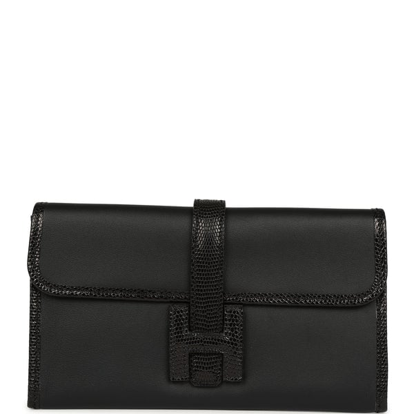 Pre-owned Hermes Jige Duo Clutch Touch Black Swift, Varanus Niloticus Lizard Touch Palladium Hardware