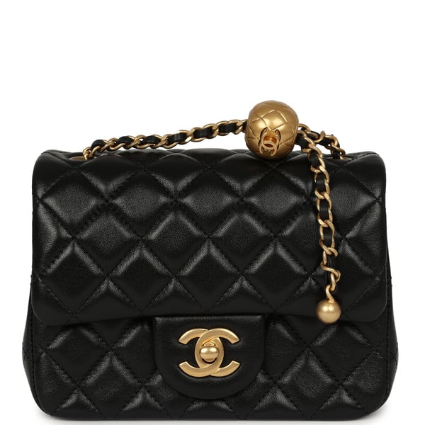 Chanel Mini Square Pearl Crush Flap Bag Black Lambskin Antique Gold Hardware
