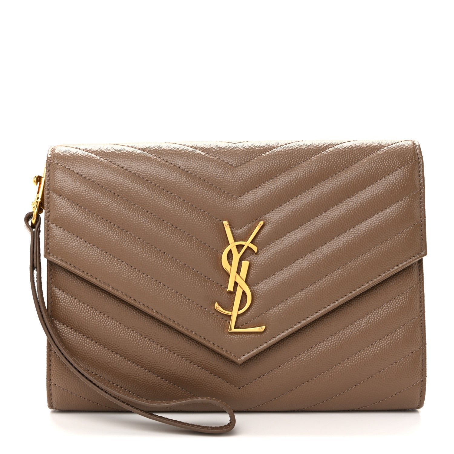 Saint Laurent Saint Laurent Grain De Poudre Matelasse Chevron Monogram Cassandre Flap Pouch Taupe