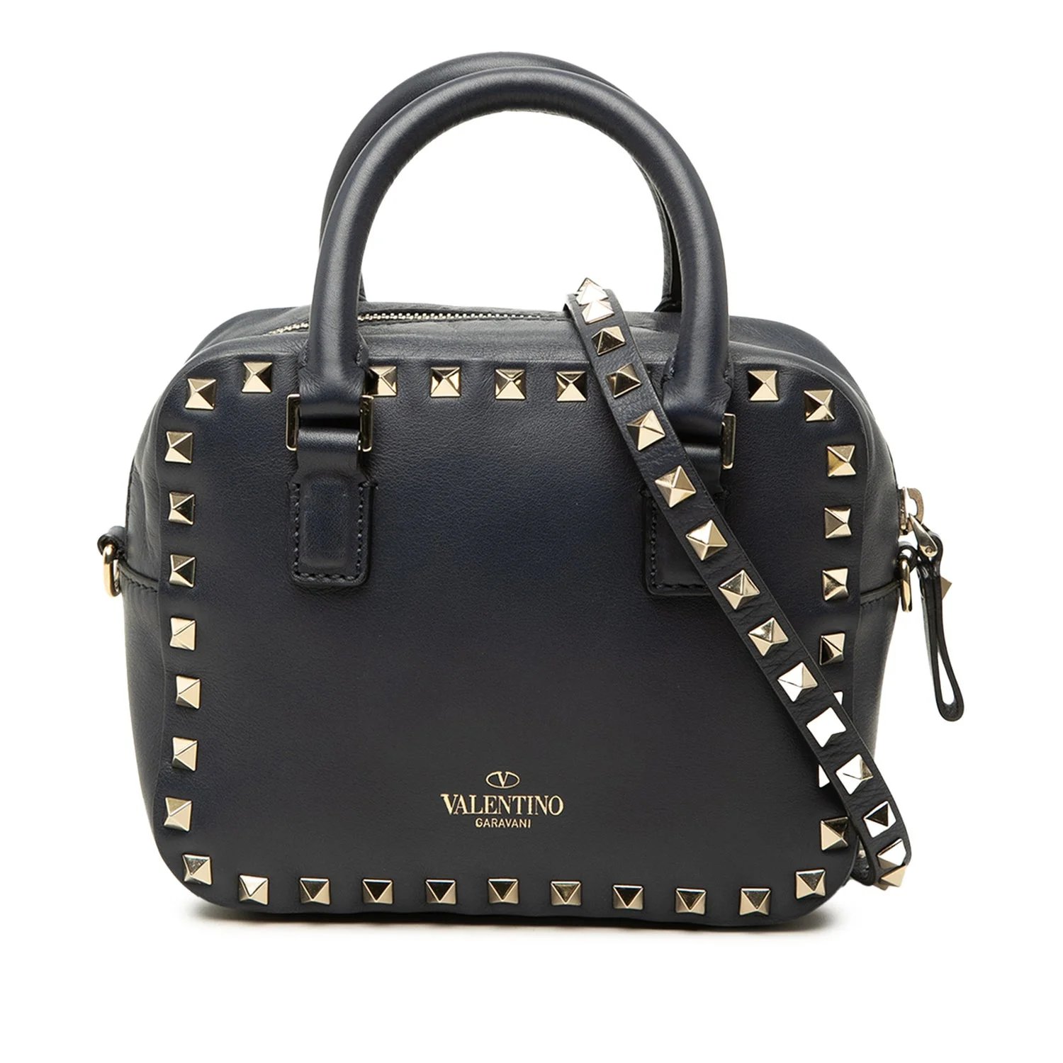 Calfskin Leather Rockstud Top Handle Bag