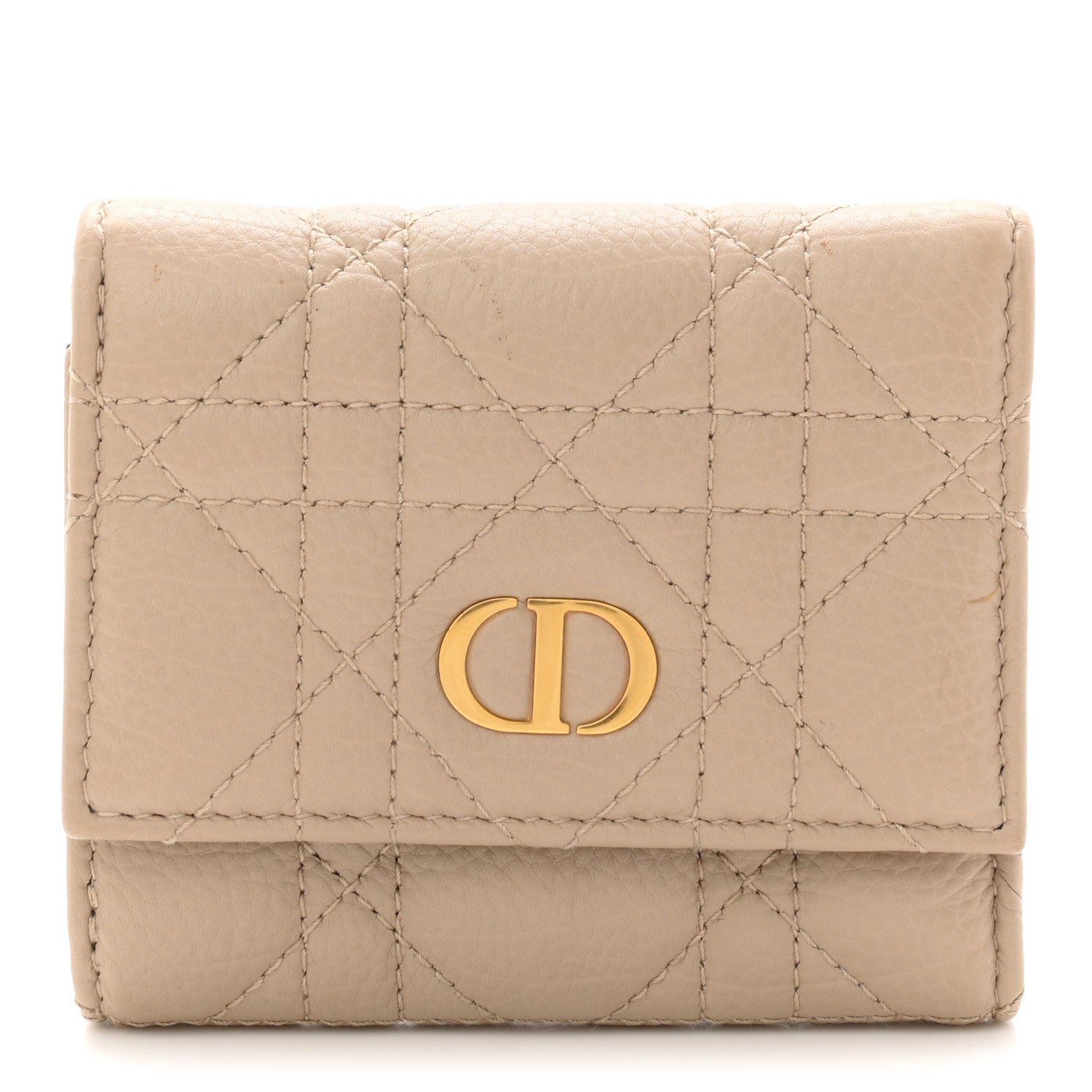 Christian Dior Supple Calfskin Cannage Caro Hibiscus Wallet Powder Beige