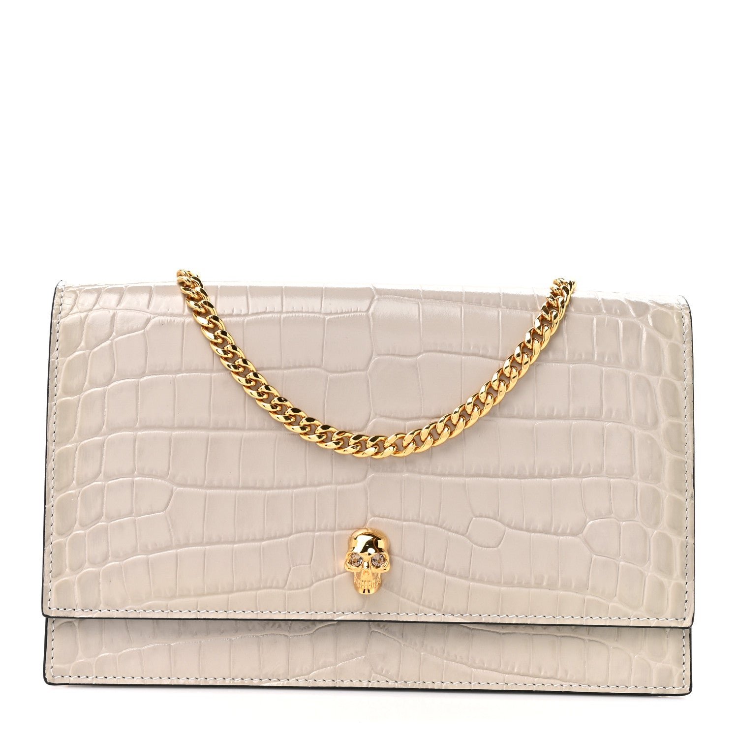 Alexander McQueen Calfskin Crocodile Embossed Skull Medium Shoulder Bag Grey