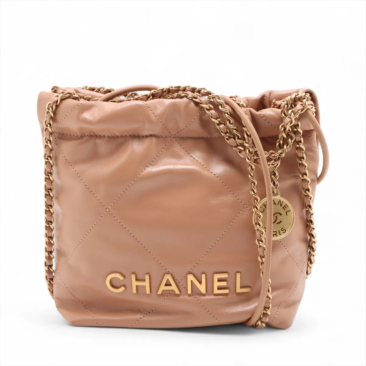Chanel Chanel 22 Mini shiny calfskin Chain Shoulder Bag Beige Gold Metal Fitting