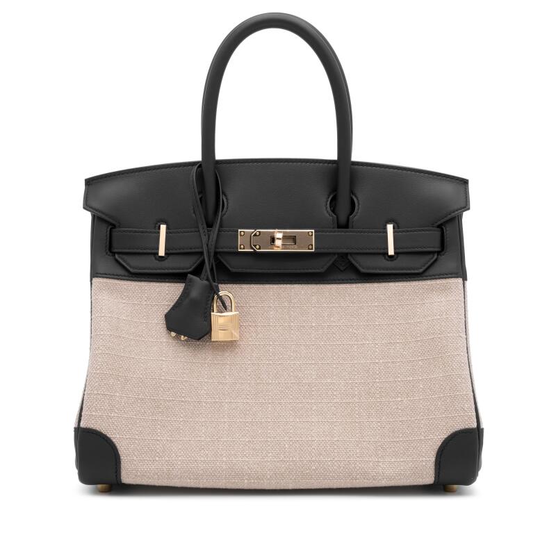 Hermes Limited Edition Black Swift and Ficelle Bivouac Toile Birkin 30 Permabrass Hardware, 2024