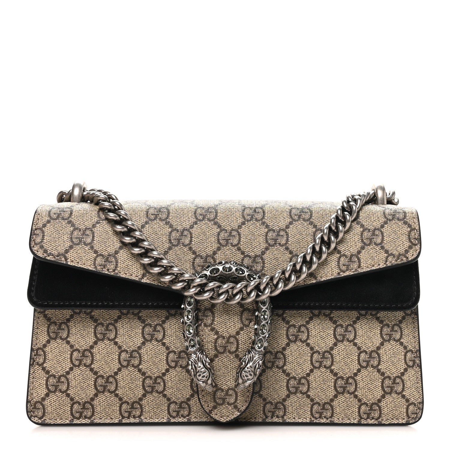 Gucci GG Supreme Monogram Suede Crystal Small Dionysus Shoulder Bag Beige Ebony Black Beige Ebony Black