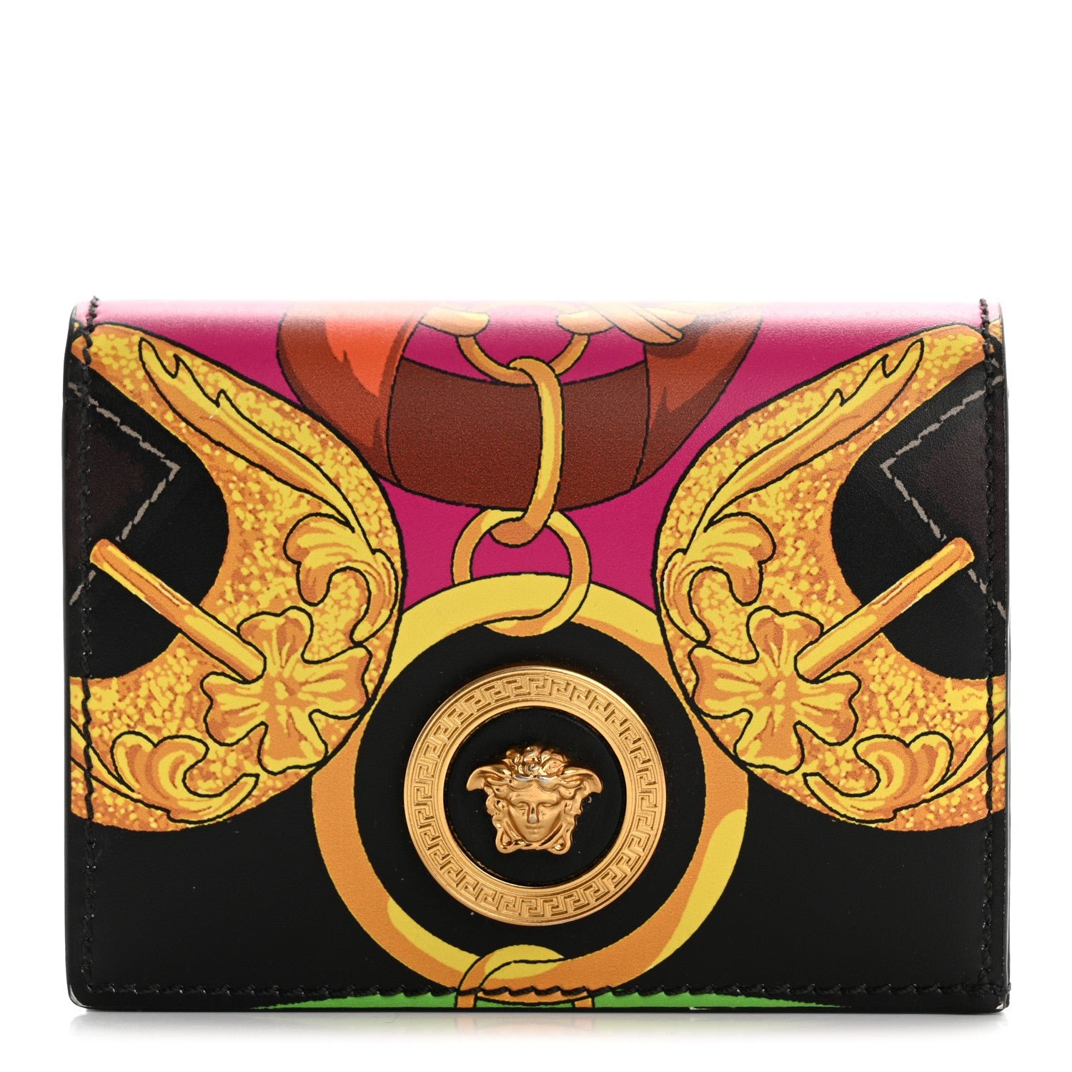 Versace Calfskin Medusa Barocco Rodeo Print Card Holder Wallet Black Multicolor