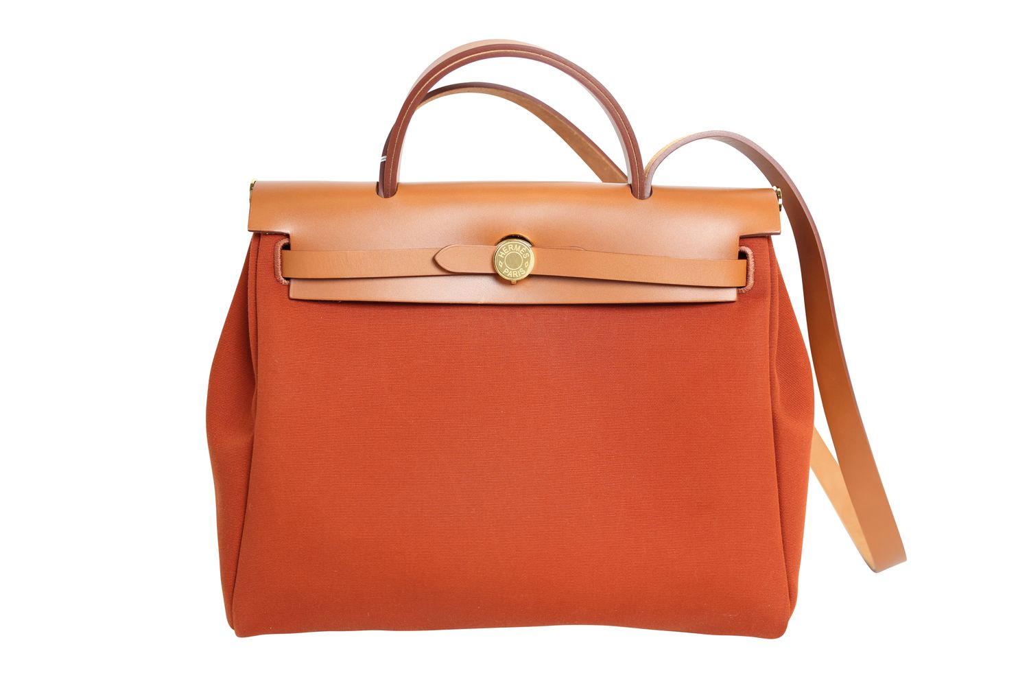 Hermes Hermes Herbag Zip 31 Bag, Tan Fauve Vache and Deep Orange Capucine Toile with Gold Hardware, Preowned in Dustbag WA001