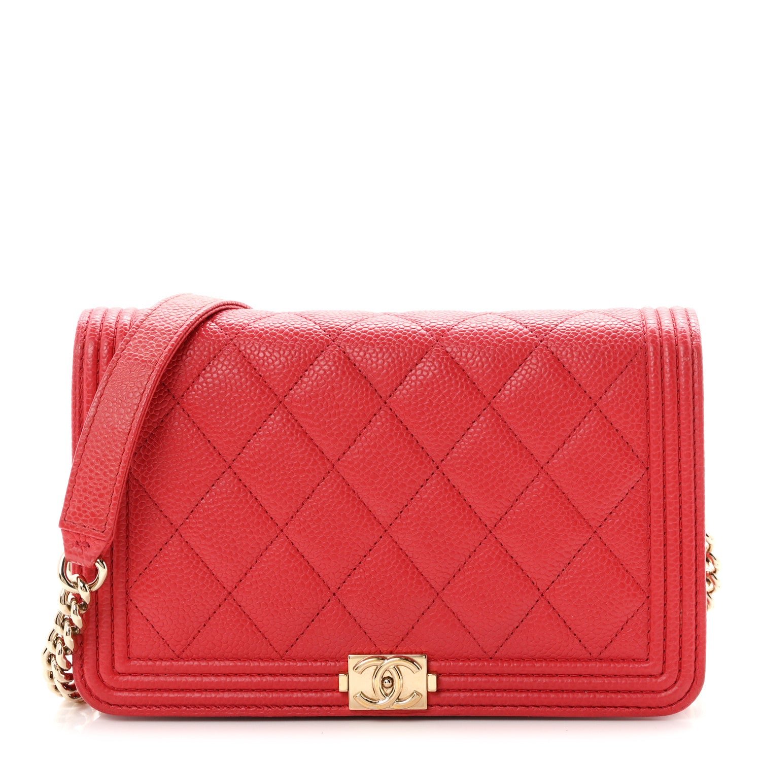 Chanel Caviar Quilted Boy Wallet On Chain WOC Red