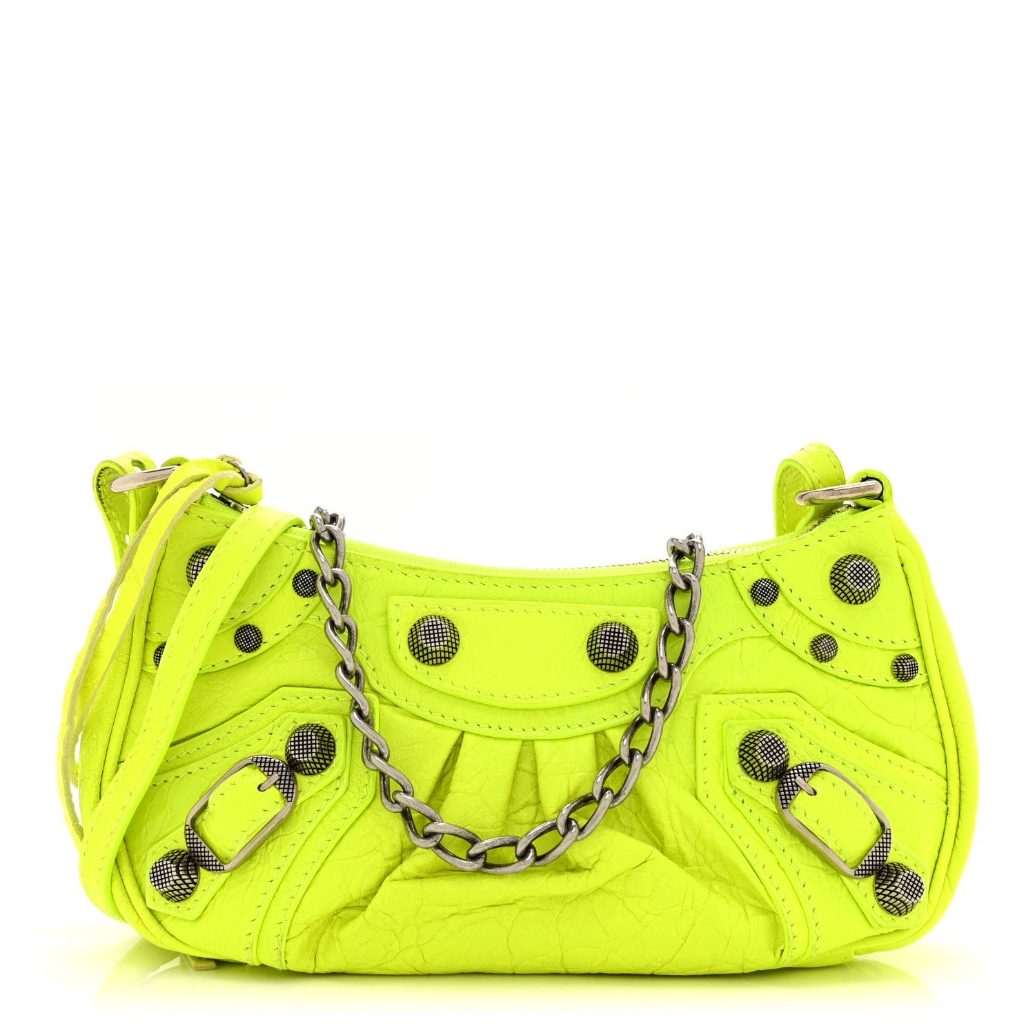 Balenciaga Agneau Arena Le Cagole Mini Purse With Chain Fluo Yellow