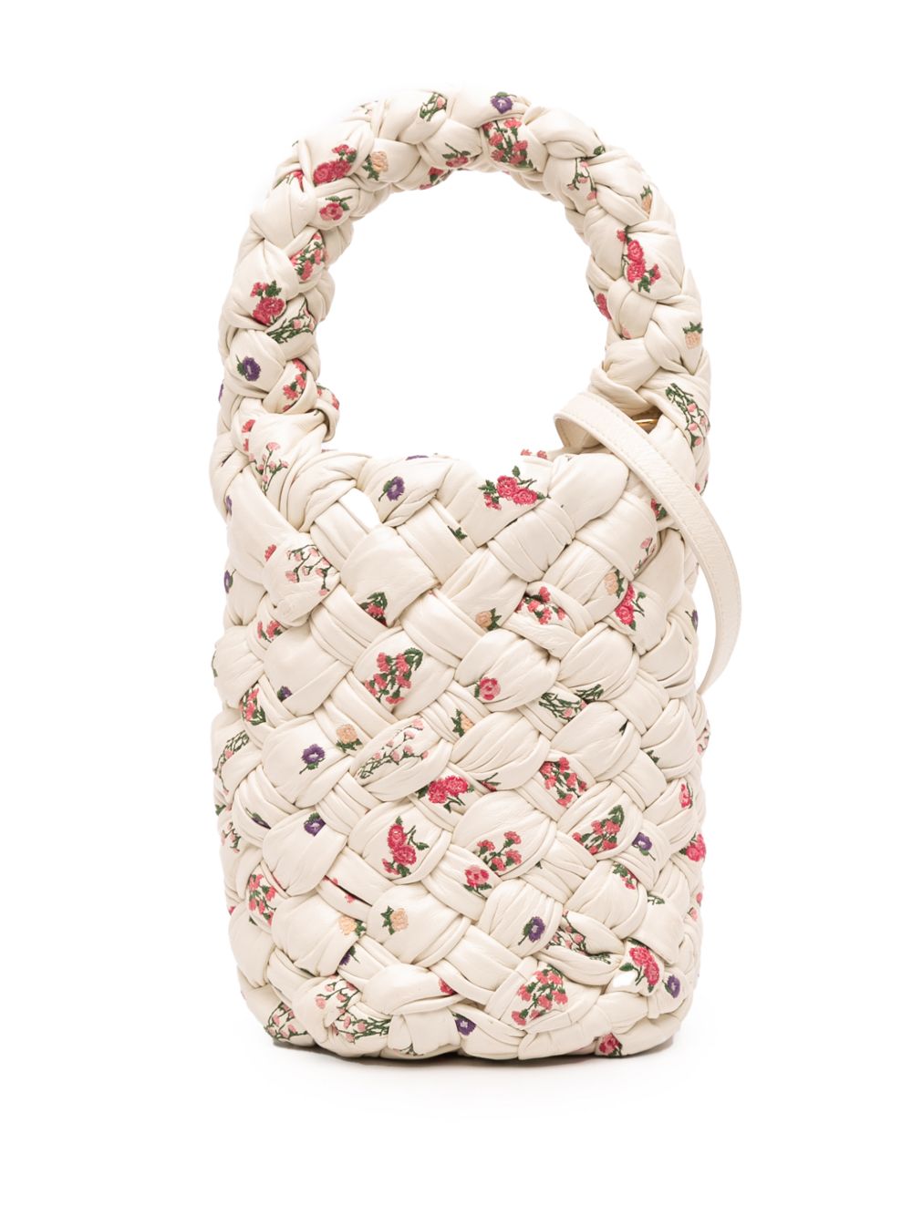 2021-2025 Small Floral Printed Leather Intrecciato Kalimero Bucket Bag satchel