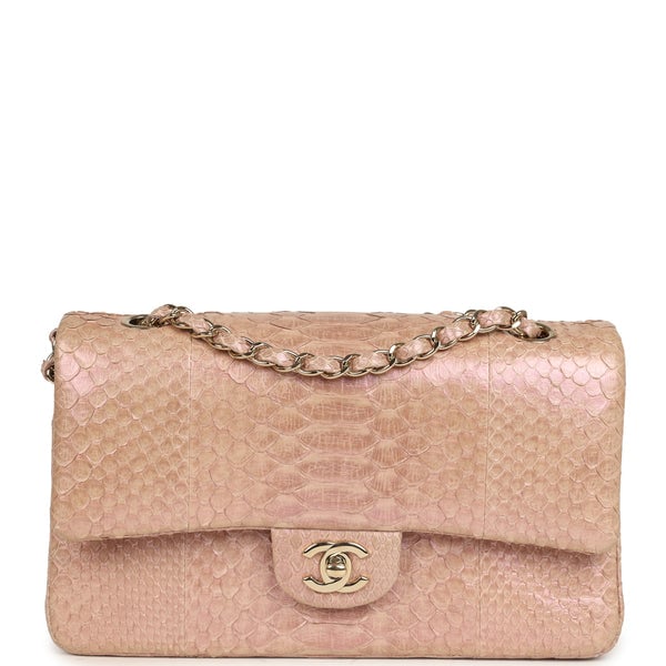 Pre-owned Chanel Medium Classic Double Flap Bag Iridescent Pink Python Light Gold Hardware