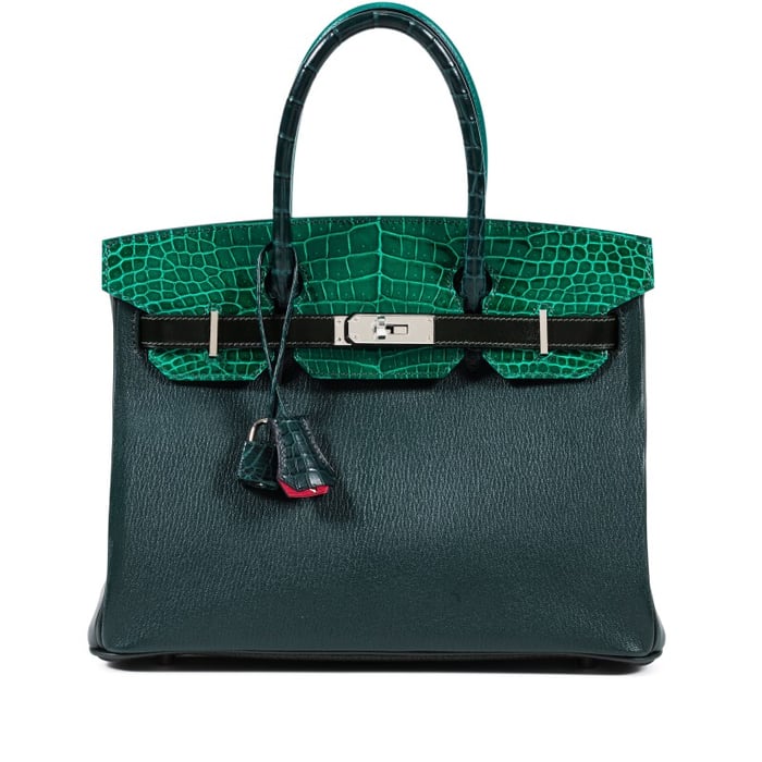 Hermes Limited Edition Vert Titien, Vert Foncé, Malachite and Emeraude Chèvre Mysore and Porosus Crocodile Patchwork Birkin 30 Palladium Hardware, 2018