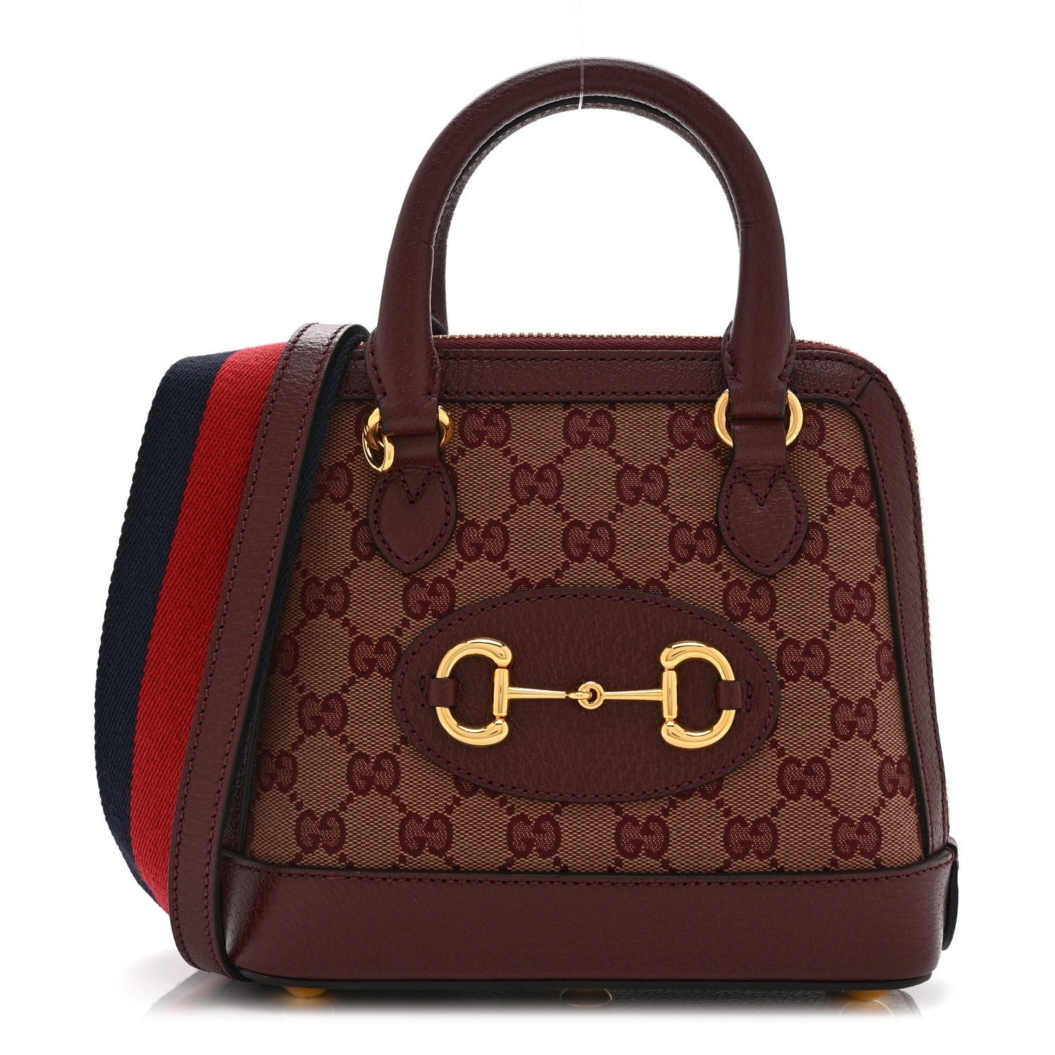 Gucci Monogram Textured Dollar Calfskin Mini Horsebit 1955 Top Handle Bag Sahara Rubino Chardonnay