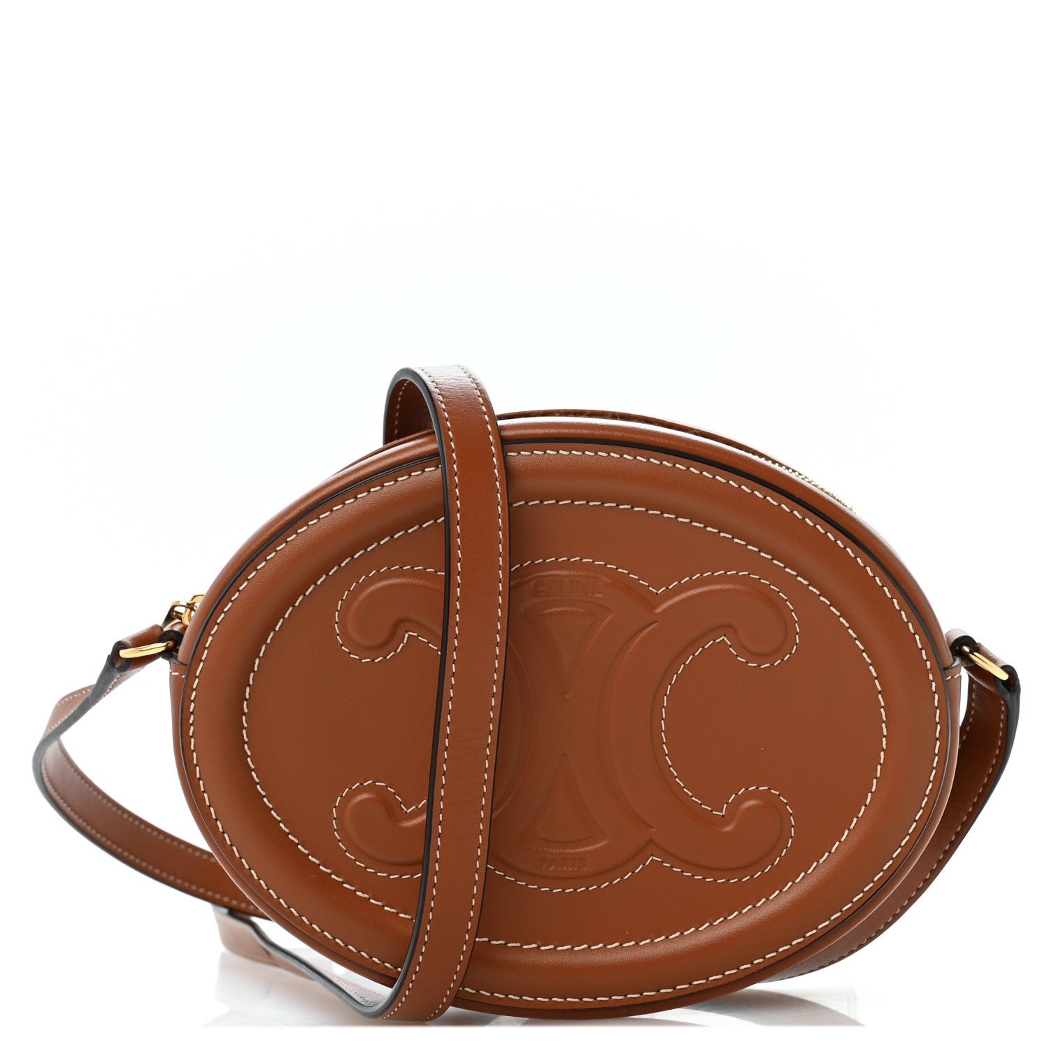 Celine Smooth Calfskin Cuir Small Triomphe Oval Crossbody Purse Tan