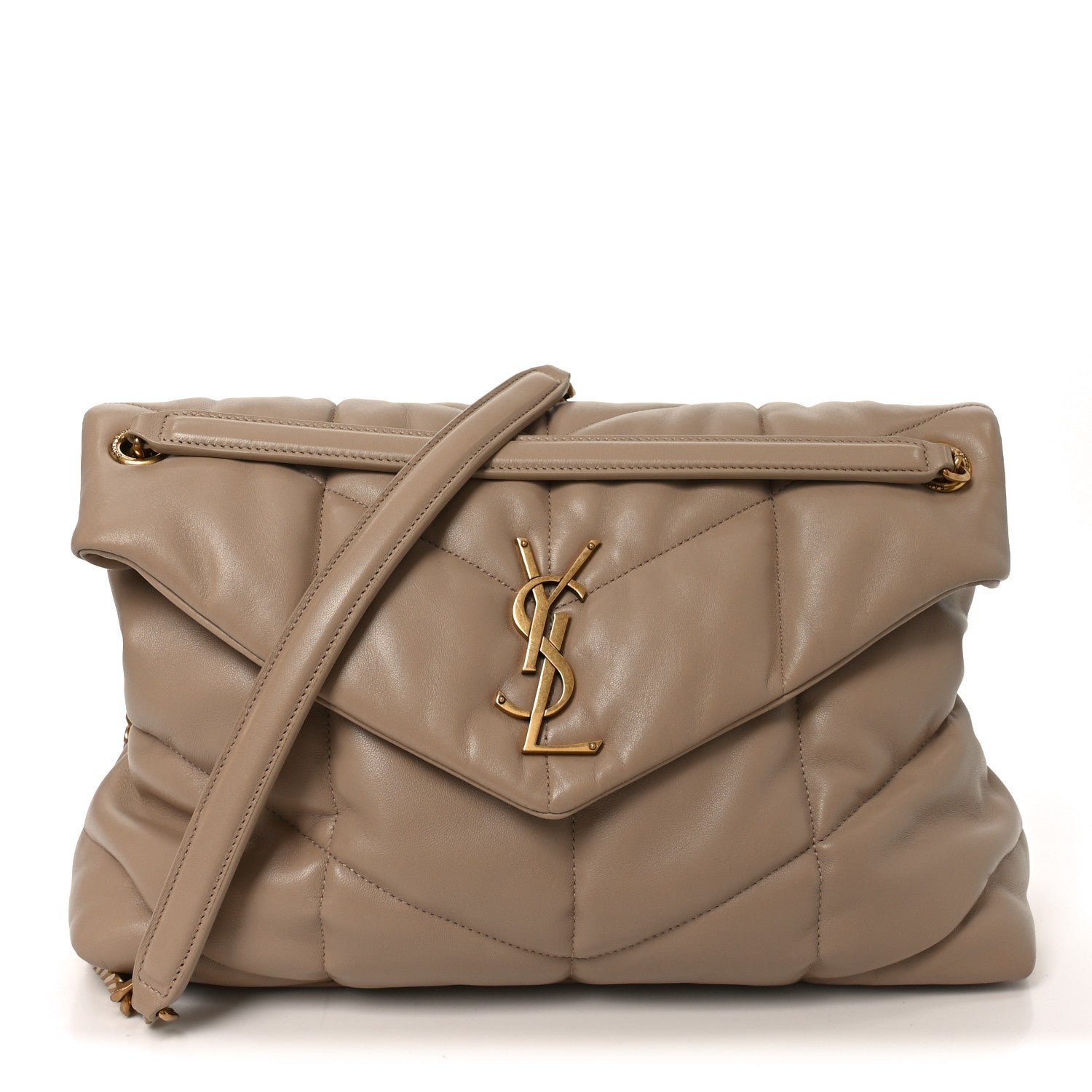 Saint Laurent Lambskin Quilted Small Loulou Puffer Monogram Chain Satchel Dark Beige