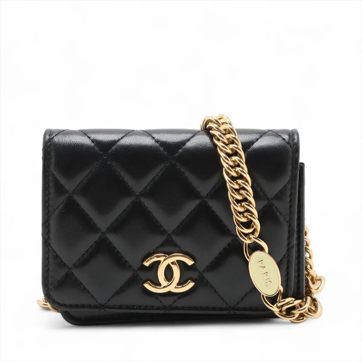 Chanel Matelasse Lambskin Chain Shoulder Bag Card Case Black Gold Metal Fittings