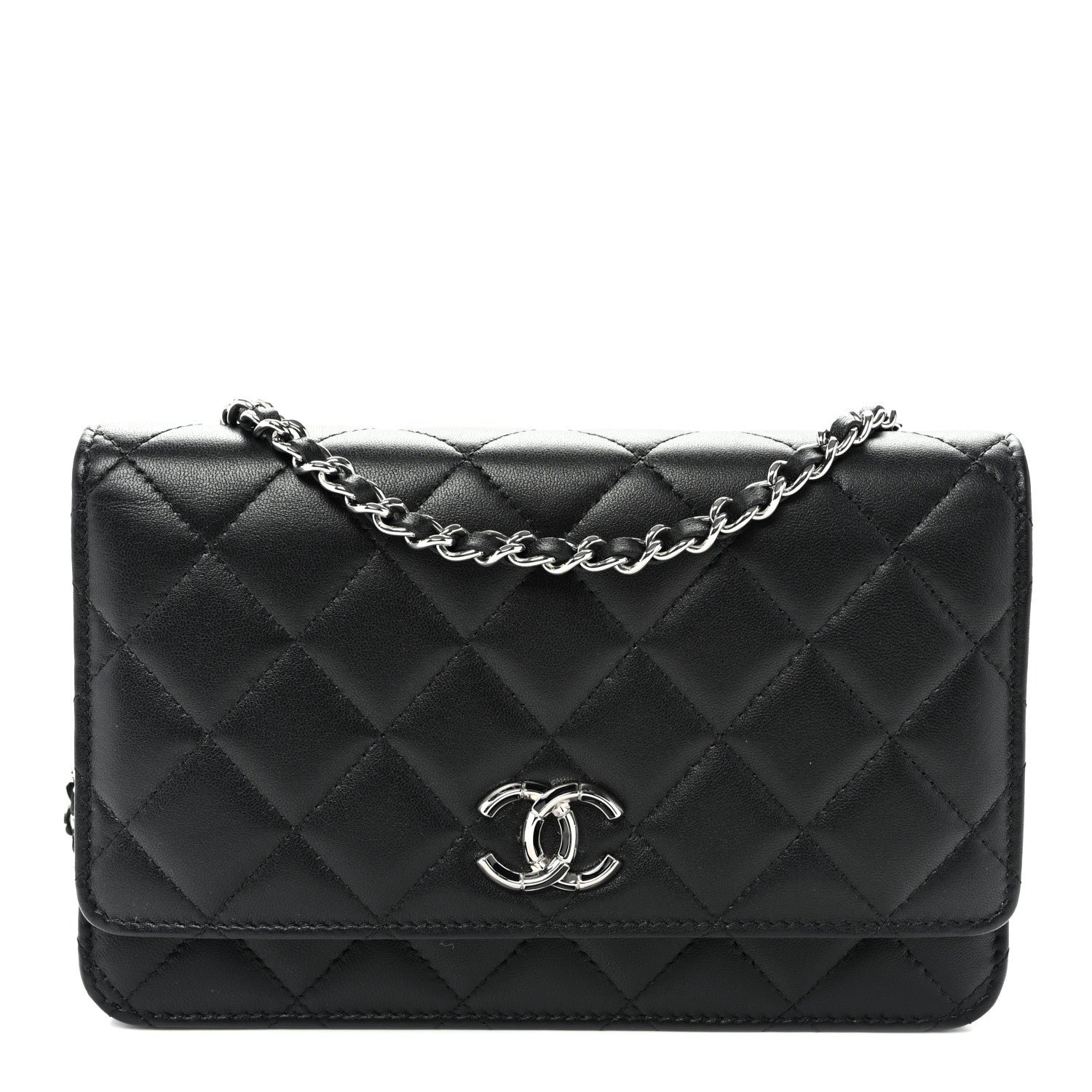 Chanel Lambskin Quilted Enamel CC Wallet on Chain WOC Black