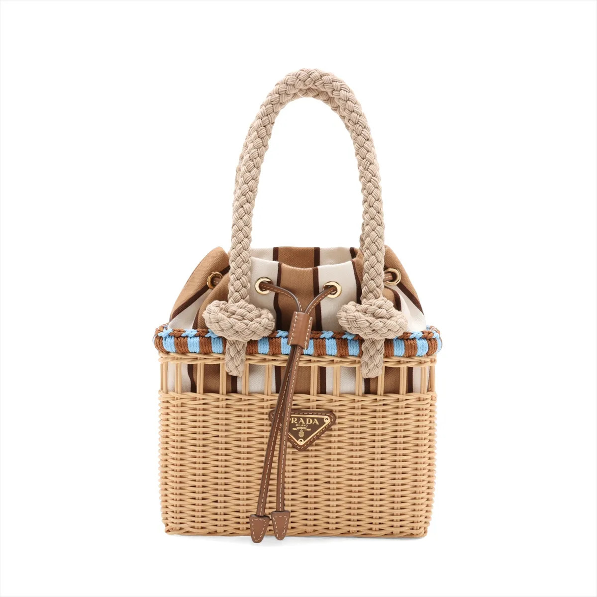 Prada rattan x canvas Hand bag Beige x brown 1BG558