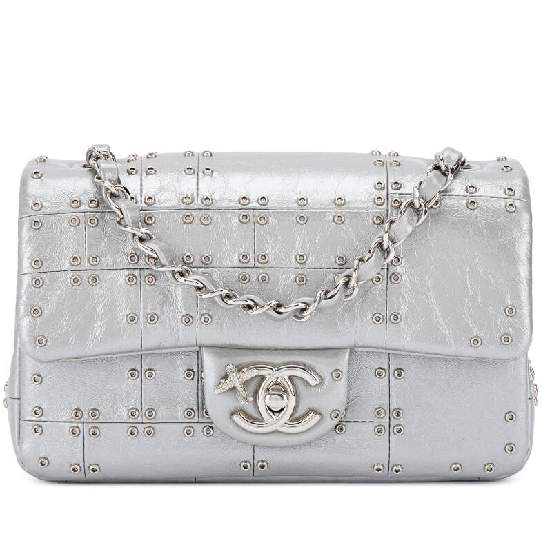 Silver Aged Calfskin Grommet Airline Mini Flap Bag Silver Hardware, 2016
