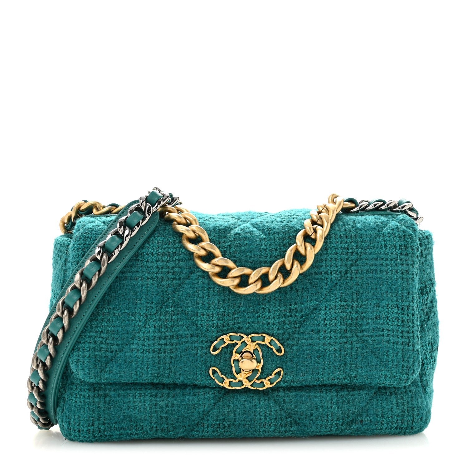 Chanel Tweed Quilted Medium Chanel 19 Flap Green