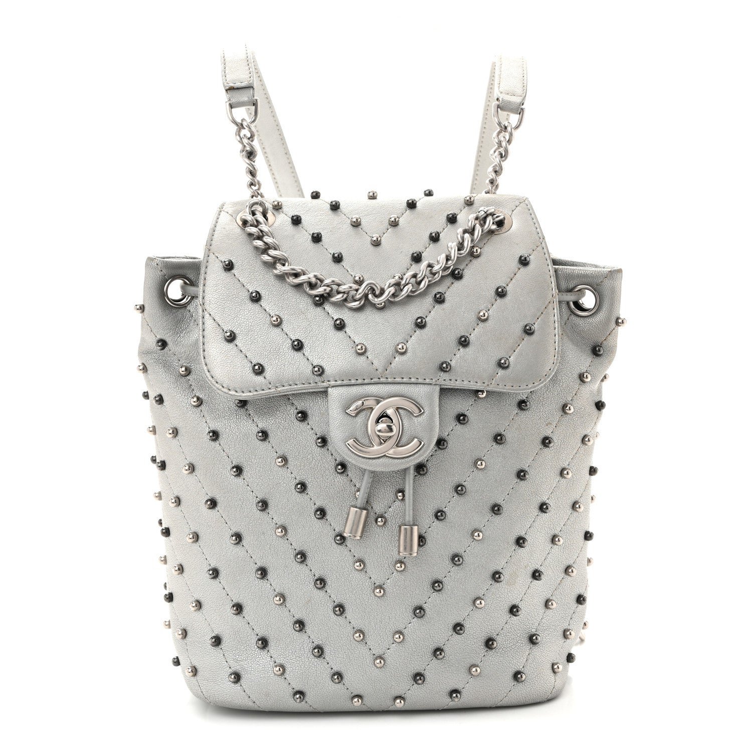 Chanel Metallic Lambskin Chevron Quilted Studded Stud Wars Backpack Silver