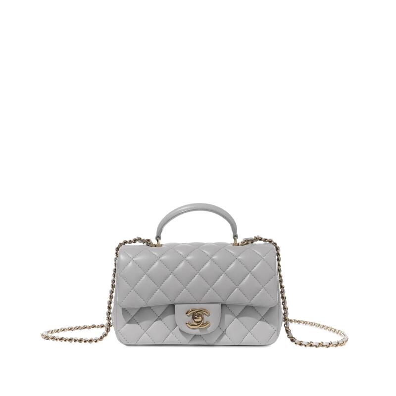Chanel Grey Quilted Lambskin Flap Bag with Top Handle Pale Gold Hardware, 2025